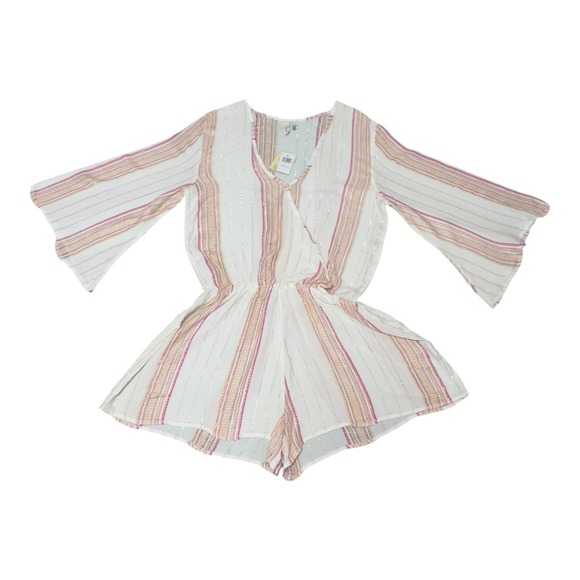 Elan Faux Wrap Mini Romper 3/4 Sleeve Multi Stripe Metallic Thread Large Viscose - Picture 6 of 6